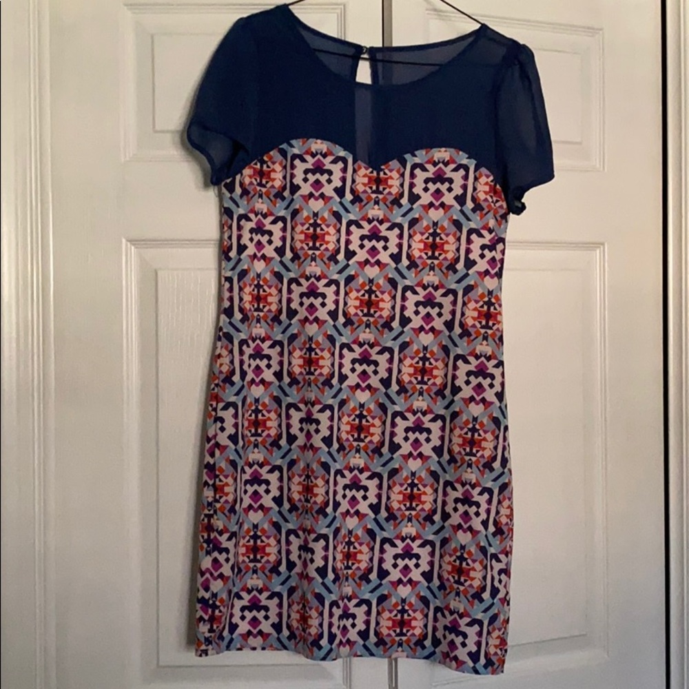 Geometric pattern dress with soft mesh top